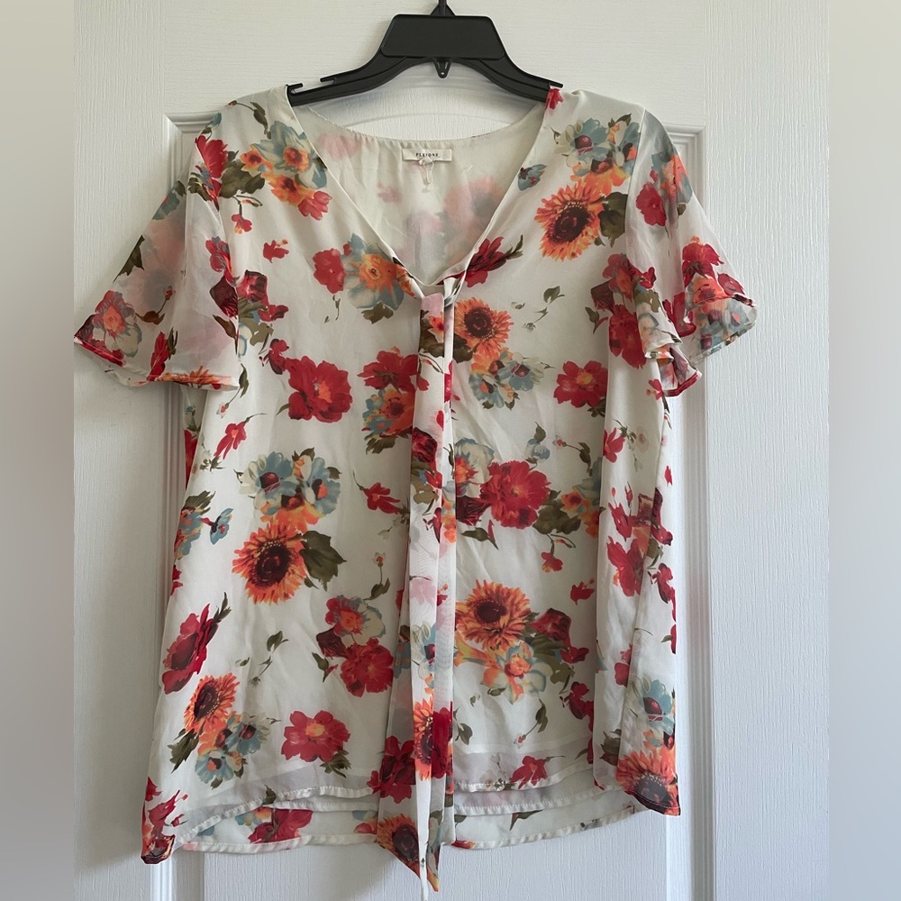 Floral Blouse white Sheer Sleeves Spring Summer Loose